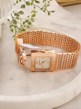 Tory Burch Rose Gold Padlock Mesh Bracelet Watch Quartz NWT
